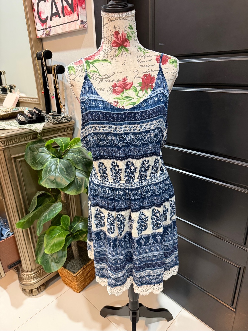 Garage Navy and Cream Patterned Dress
